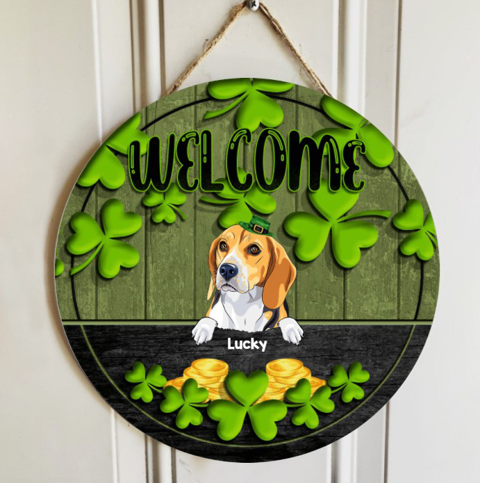 Personalized Beagle Door Hanger for St Patrick Day, Wood Sign custom for Home