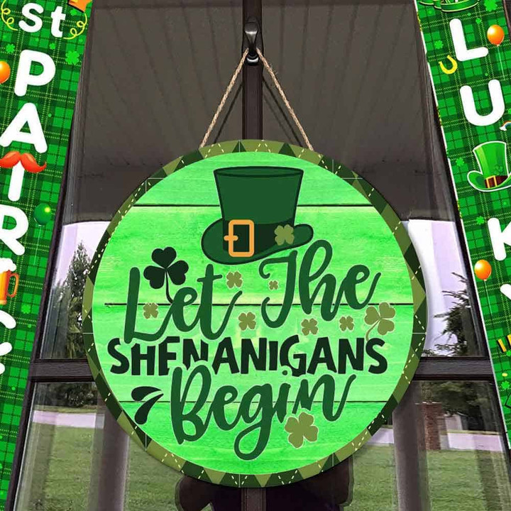 Personalized Let the Shenanigans Leprechaun St Patrick's Day Door Hanger, Wood Sign