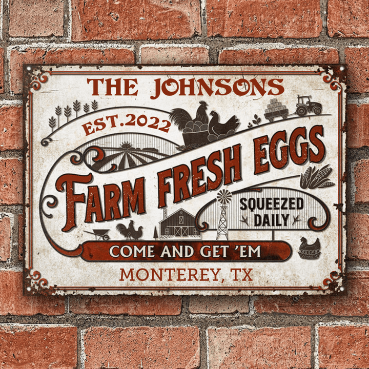 Personalized Chicken Farm Fresh Eggs, Chicken Coop Sign Custom Vintage Metal Signs