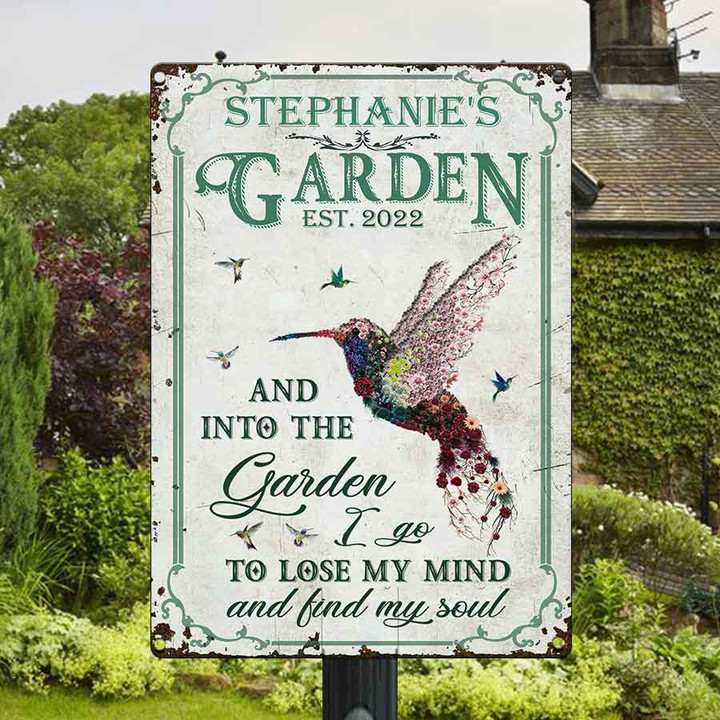 Personalized Hummingbird Garden Sign, Hummingbird into the garden Vintage Metal Signs