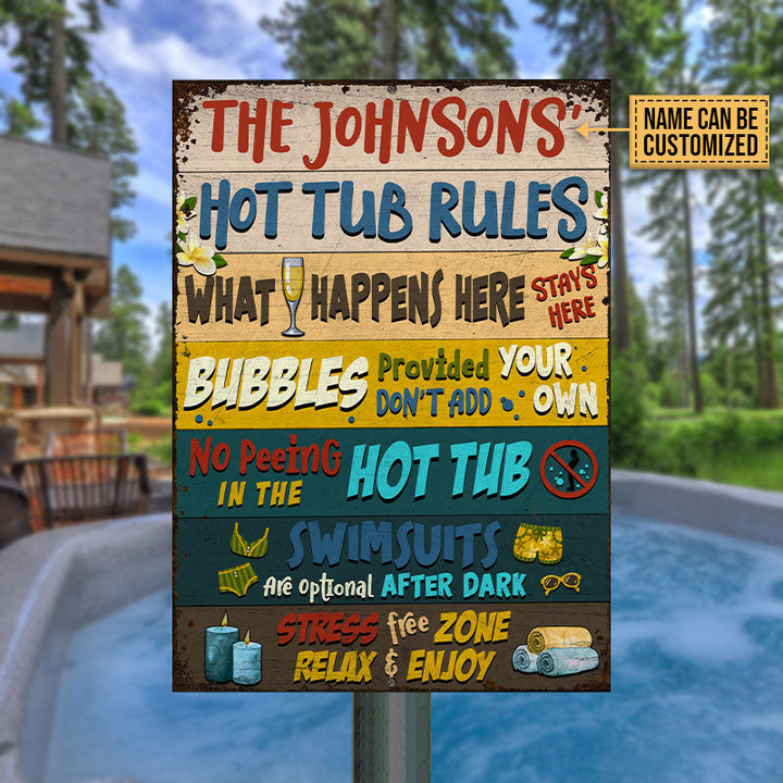 Personalized Hot Tub Rules Sign, What Happens Here & Chunky Dunk Customized Vintage Metal Signs, Hot Tub Decor