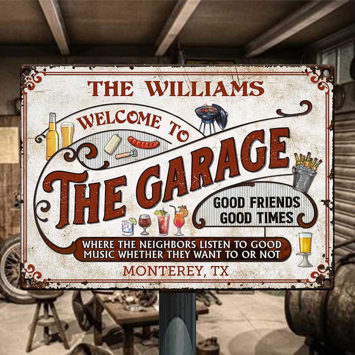 Personalized Garage Of Dad, Papa Sign, Welcome Sign Drinking Beer & Grill Vintage Metal Sign