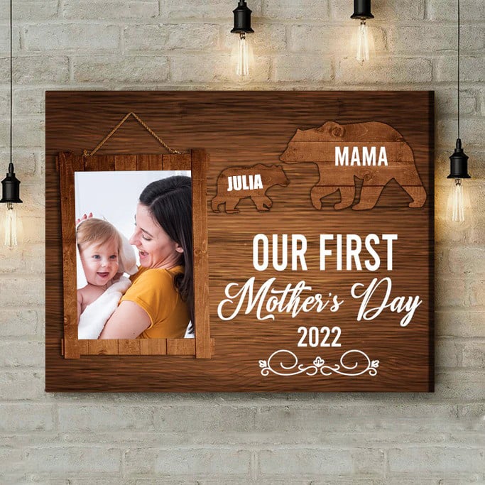 Mama Bear First Mothers Day Customize Photo Mom and Baby Girls Boys Canvas Wall Art for Bedroom