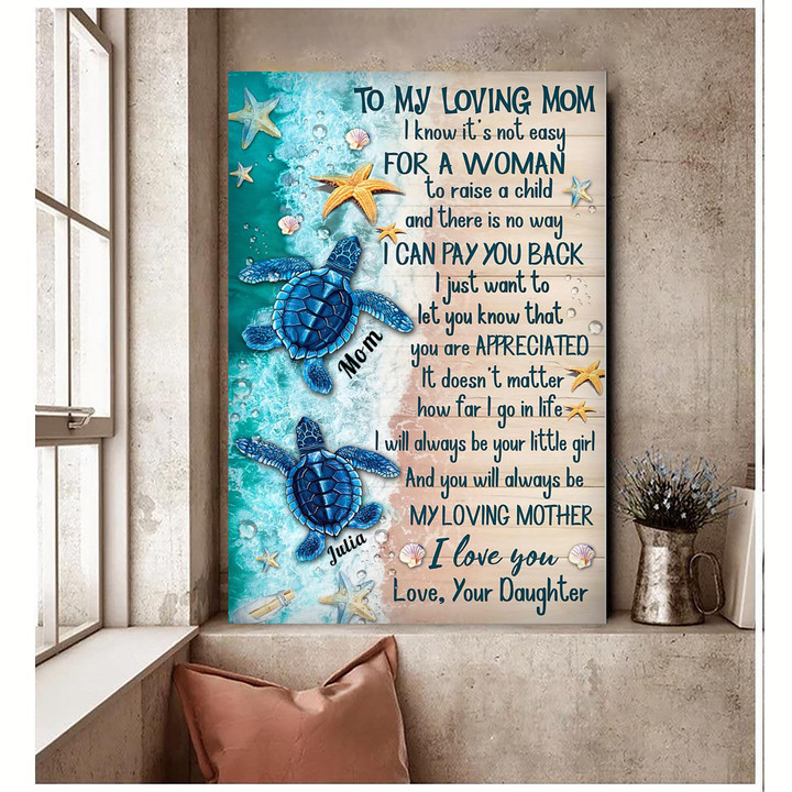 Personalized Turtle Mom Canvas, Gift from Daughter and Son Wall Art for Mommy Turtle Art