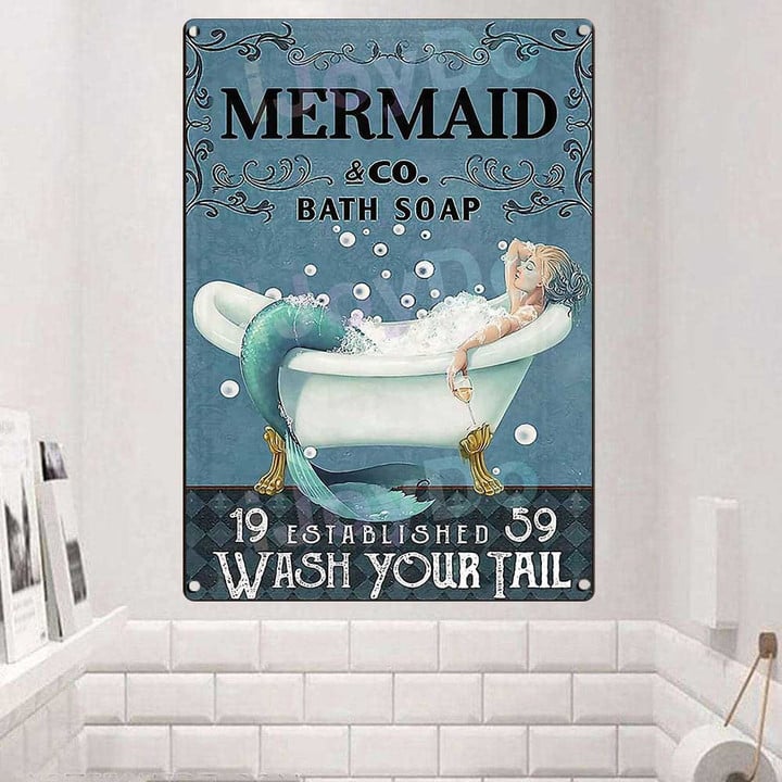 Customized Mermaid Bathroom Sign, Mermaid Bath Soap Wash Your Tail Retro Tin Sign Metal Sign