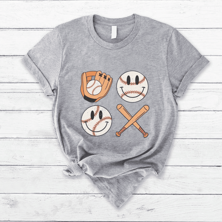 Funny Smile Baseball T Shirt With Glove And Baseball Bat Tees