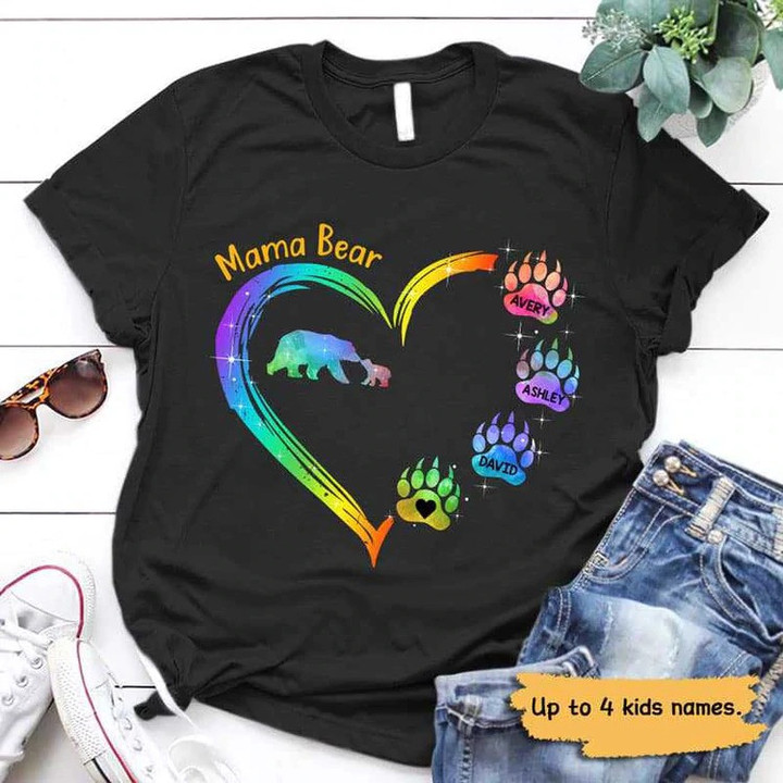 Personalized Mama Bear Heart Shaped Colorful T Shirt for Bear Lovers
