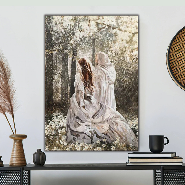 Beautiful girl painting, Walking with Jesus In the forest, Among the flower field - Jesus Painting Portrait Canvas
