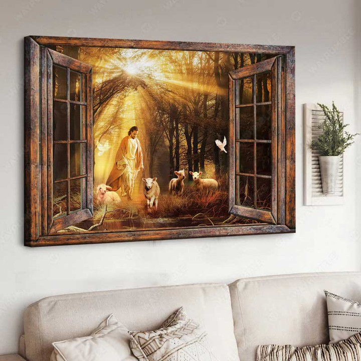 Jesus Painting, Lamb of God, Walking with Jesus in Forest, Rustic Window Jesus Landscape Canvas Print for Living Room