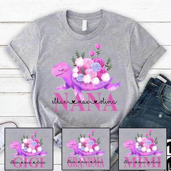 Personalized Grandma Turtle Colorful Flowers with Grandkids T Shirt
