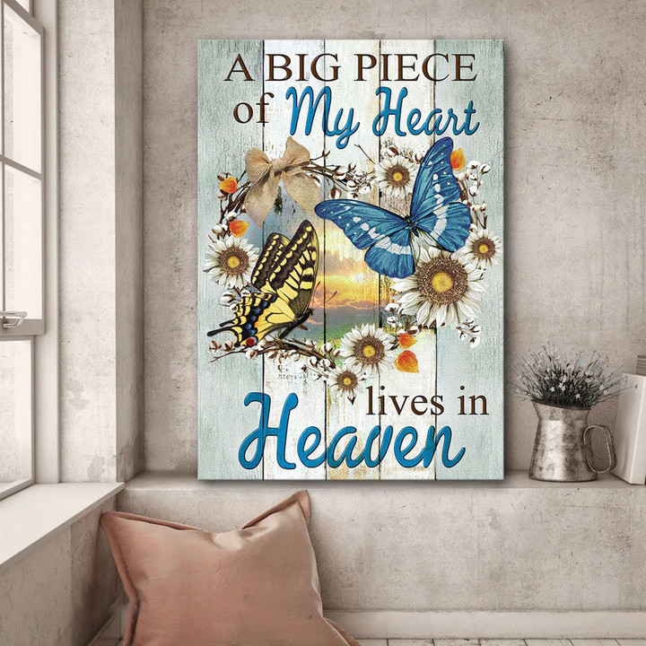 Daisy Flower Wreath, Butterfly Drawing, A big piece of my heart lives in heaven, Memorial Canvas for Living Room