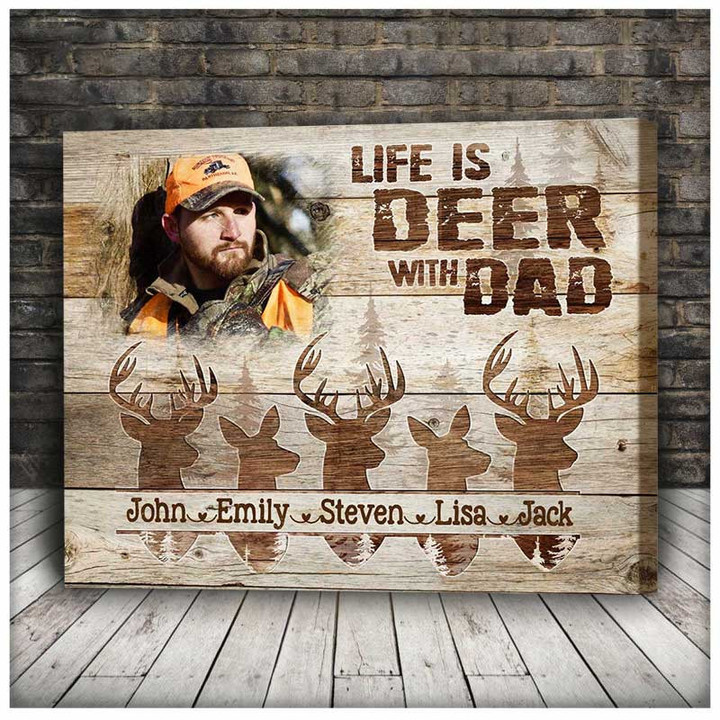 Dad Hunting Gifts, Deer Hunting Canvas for Dad with Kids, Custom Photo Father Wall Art for Home