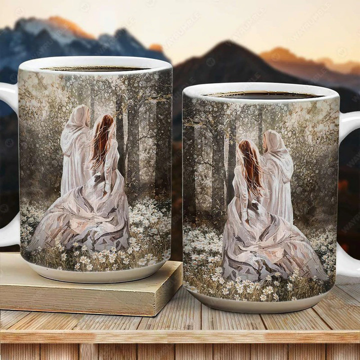 Walking with Jesus, Beautiful girl in the Daisy Field - Jesus Mug, Jesus Coffee Mug