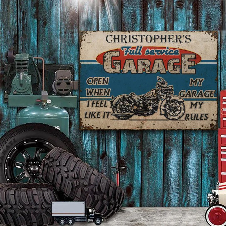 Personalized Motorcycle Garage Sign, Full Service Custom Vintage Metal Signs for Garage Owner