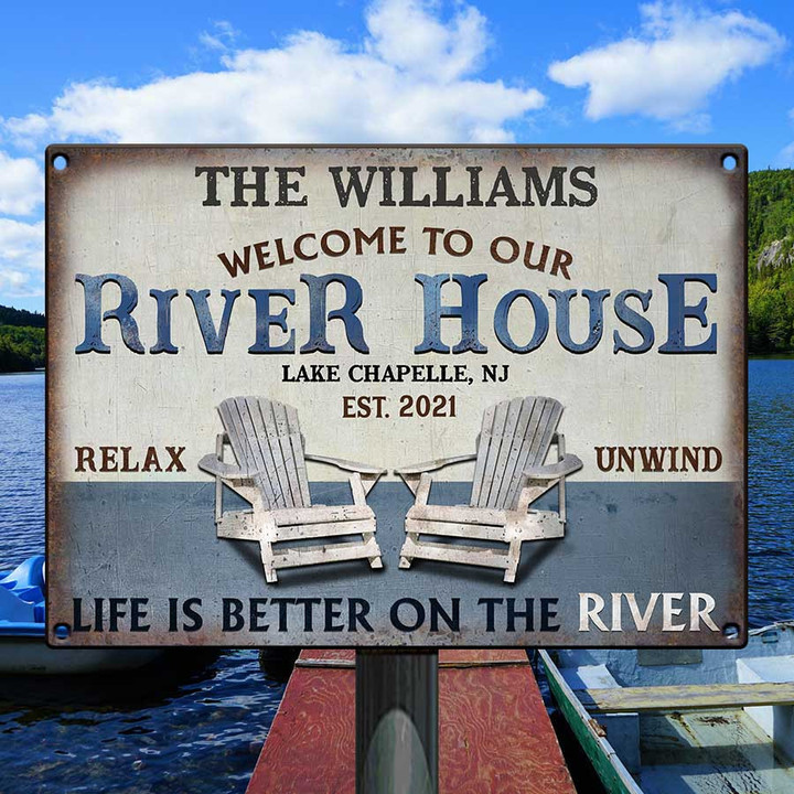 Personalized River House Sign, Custom Classic Metal Sign Life Is Better on the River, Relax & Unwind