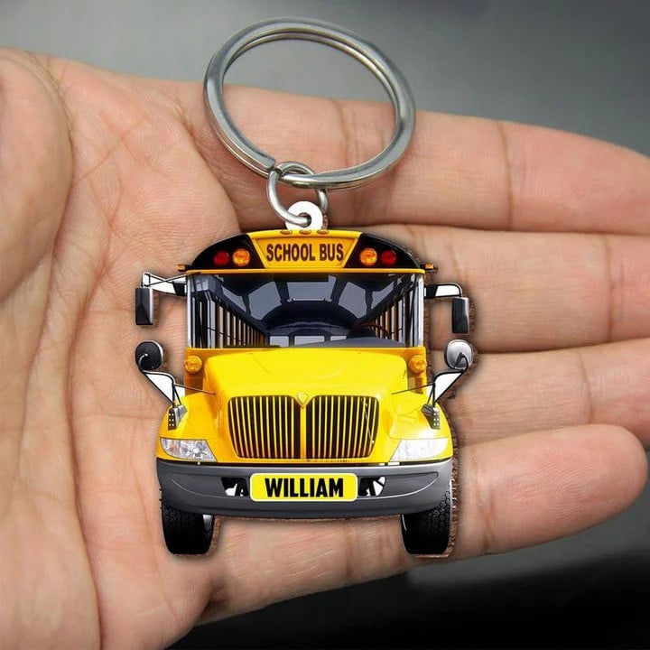 Personalized School Bus Keychain, Custom Name Flat Acrylic Keychain for Bus Driver