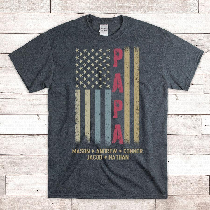 Personalized Grandpa Shirt, Papa Shirt, American flag - Papa With Grandkid Names | T-Shirt