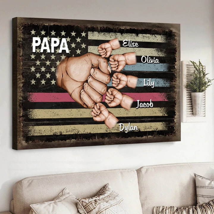 Personalized Papa Hands Kid American Flag Father's Day Canvas for Grandpa