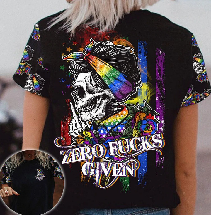 LGBT Skull Rose 3D For LGBT Pride Month, LGBT Zero Fucks Given Lesbian 3D T Shirt
