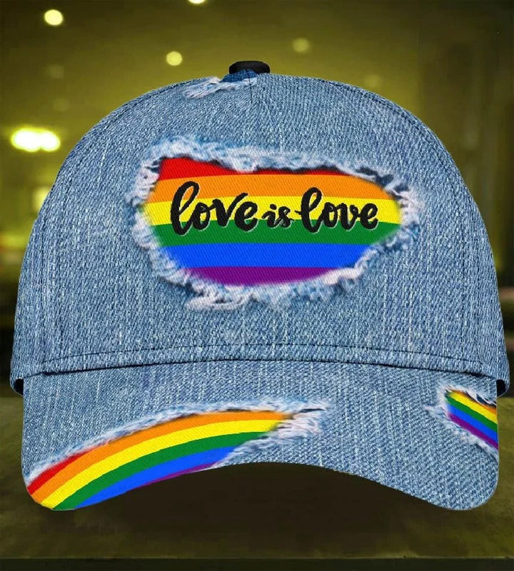 LGBT 3D All Over Printed Baseball Cap Hat Jean Pattern Love Is Love, Classic Cap For Couple Lesbian Gaymer