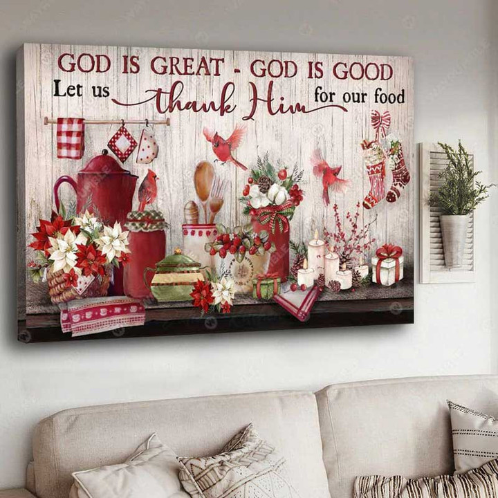 Christmas Kitchen, Cardinal, God is great, God is Good - Jesus Landscape Canvas Prints, Wall Art