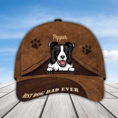 Personalized Border Collie Hat, Custom Photo Border Collie Cap 3D Leather Pattern for Dad