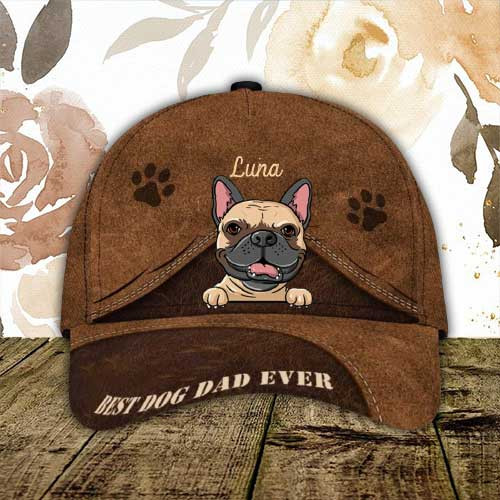 Personalized French Bulldog Hat, Custom Photo French Bulldog Cap Leather Pattern 3D All Over Printed for Mom & Dad