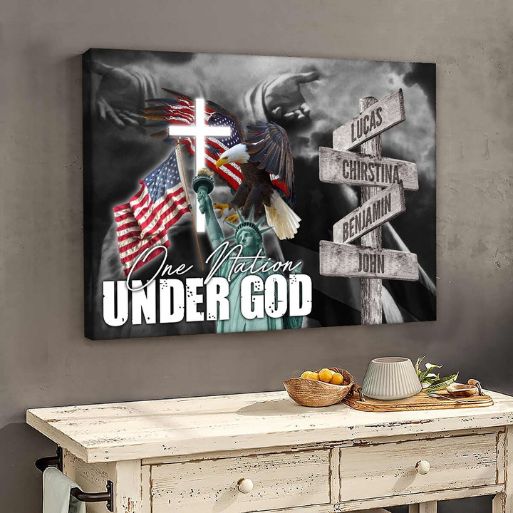 4th of July Wall Art, One Nation Under God Personalized Family Name Canvas for Living Room