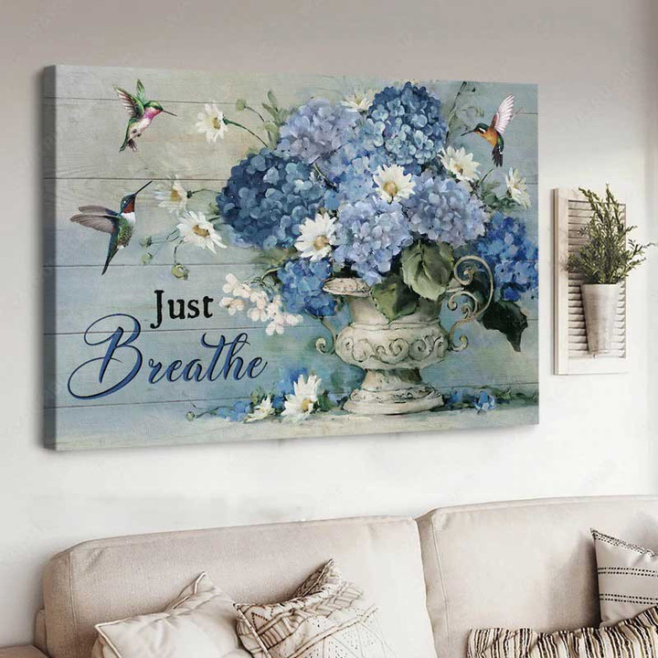 Blue Hydrangea and Green hummingbirds, Just breathe - Jesus Landscape Canvas Prints