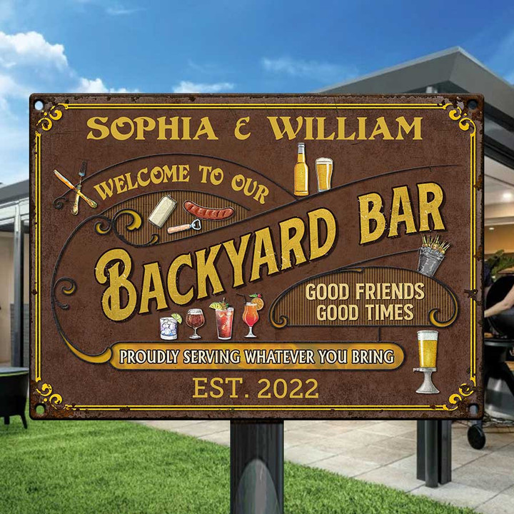 Personalized Backyard Bar Sign, Proudly Serving Customized Vintage Metal Sign