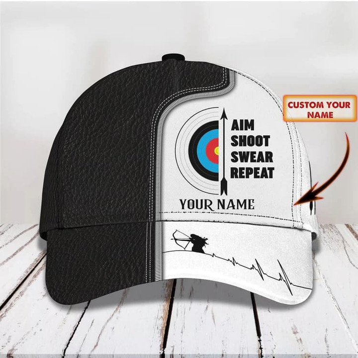 Personalized Aim Shoot Swear Repeat 3D Classic Cap for Archer, Funny Archery hat for Man