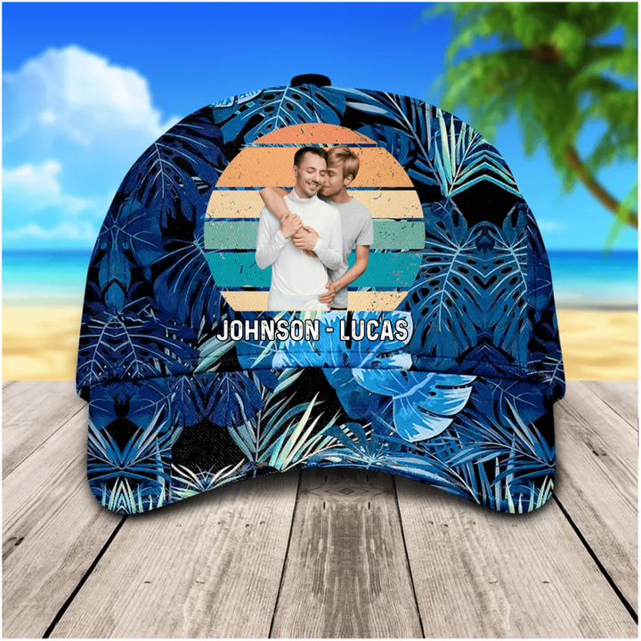 Personalized Hawaiian Summer Gay Couple Hat for Husband, Beach LGBT Pride Couple Cap for Him