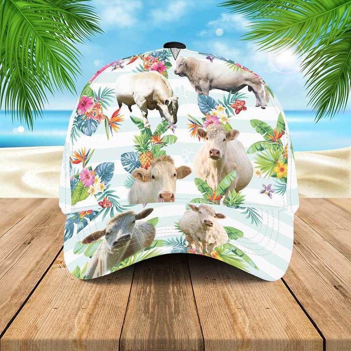 Charolais Cattle Hawaiian Summer Hats, Cow Lovers Tropical Flower Hawaiian 3D Baseball Cap for Charolais Cattle Lovers