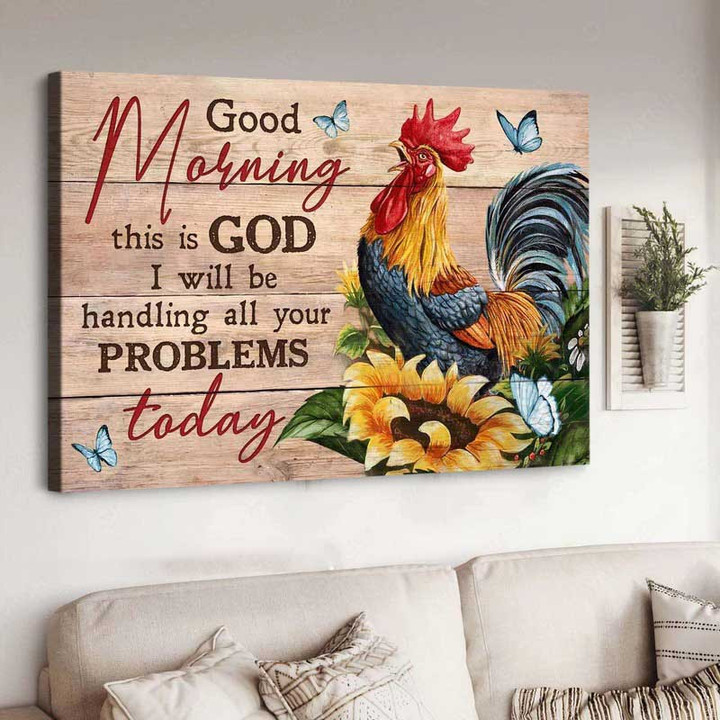 Sunflower & Rooster Painting, Good morning, This is God - Jesus Canvas Wall Art