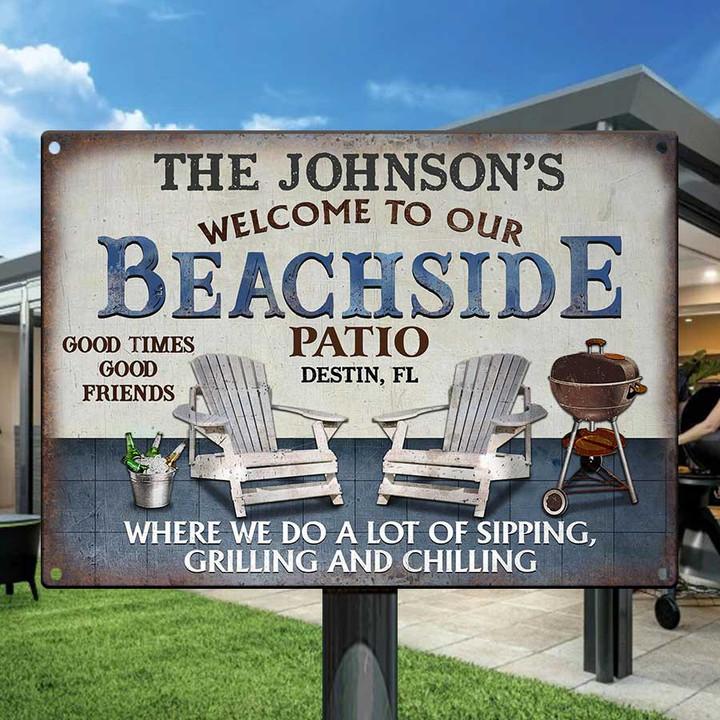 Personalized Beachside Patio Sign, Custom Place Where We Do A Lot Of Sipping Vintage Metal Signs