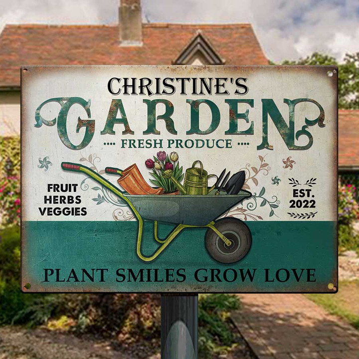Personalized Garden Fresh Produce Plant Smiles Grow Customized Vintage Metal Signs