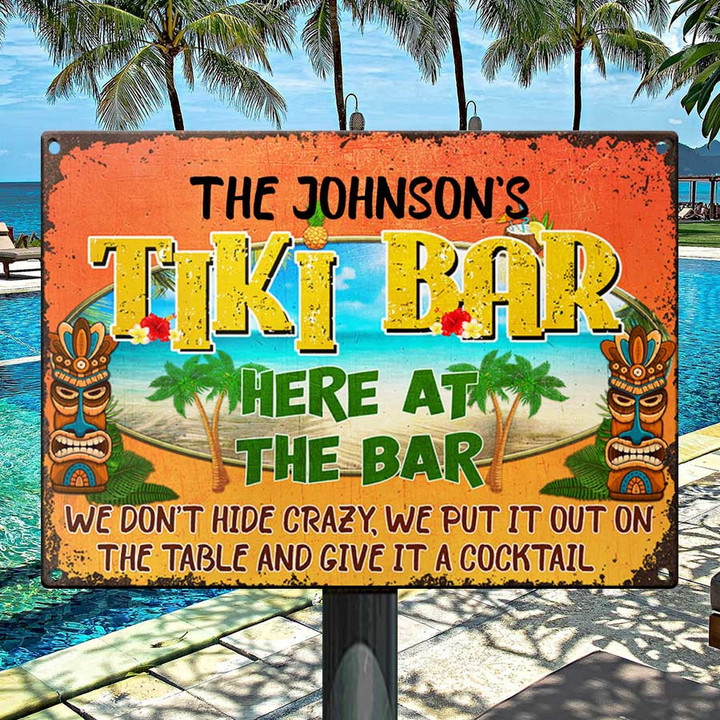 Personalized Tiki Bar Sign, Here At The Bar Custom Vintage Metal Signs