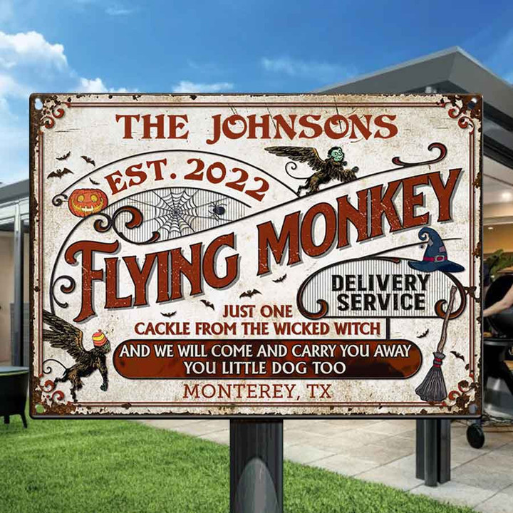 Personalized Witch Flying Monkey Delivery Service Custom Vintage Metal Signs for Halloween