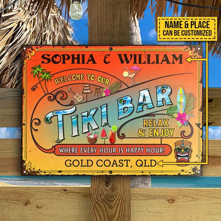 Personalized Tiki Bar Happy Hour Relax Customized Vintage Metal Signs, Relax & Enjoy Sign