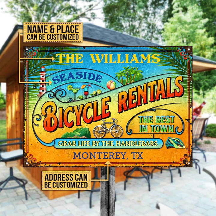 Cycling Beach Rentals Sign, Seaside Grab Life By the Handlebars Vintage Metal Sign