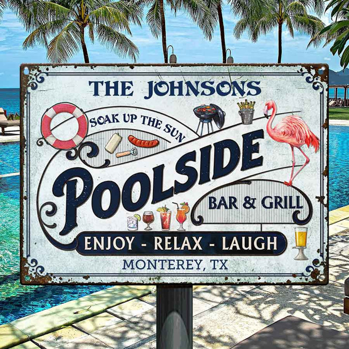 Personalized Pool Flamingo Soak Up The Sun Custom Vintage Metal Signs, Poolside Enjoy Relax Laugh Metal Sign for Family