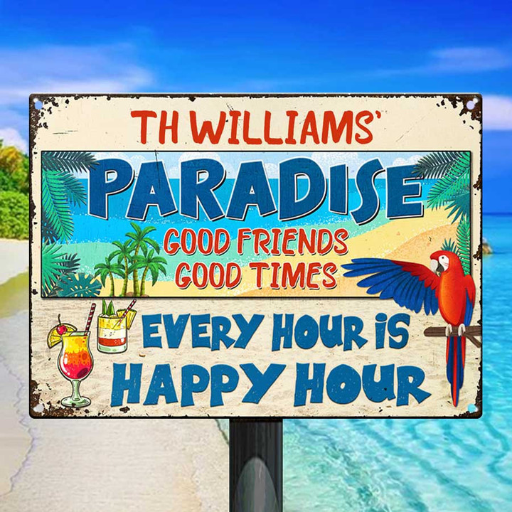 Beach Parrot Paradise Happy Hour, Beach House Vintage Metal Signs