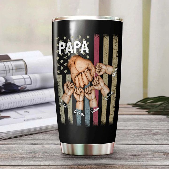 20oz Tumbler 20 oz Personalized Papa Grandkids Hands Flag Tumbler Cup with Lid