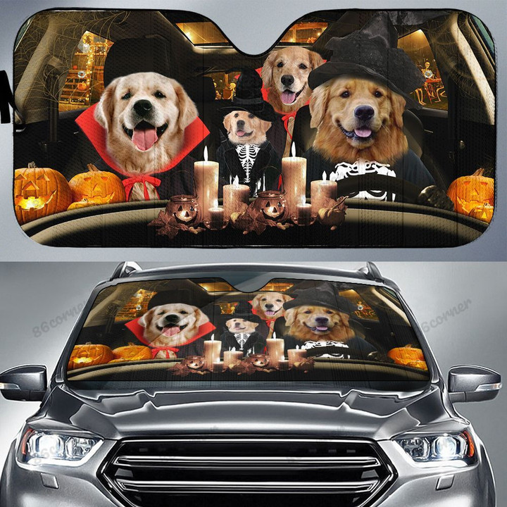 Halloween Version Golden Retrievers Family Car Sunshade, Pumpkin Halloween