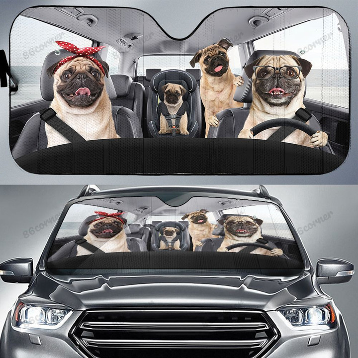 Funny Pugs Family Car Sunshade for Pugs Lovers Car Protective Sunshade