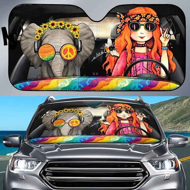 Elephant And Hippie Girl Windshield Car Sunshade for Elephant Lovers