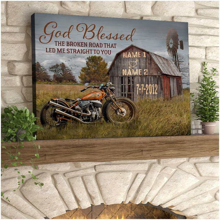 Motorcycle Customized Wedding Anniversary Gifts, God Blessed The Broken Road Barn and Vintage Motorcycle Wall Art