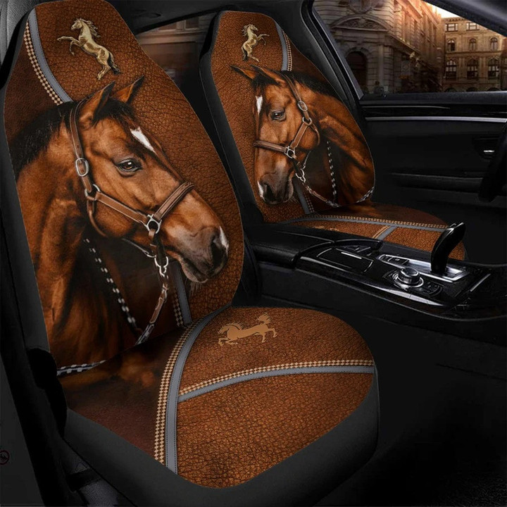 Funny Brown Horses Car Seat Cover, Leather Pattern Printed Car Seat Covers for Horse Lovers