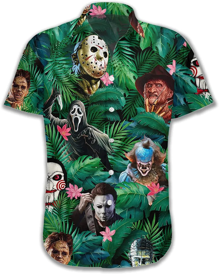 Vintage Version Funny Hawaiian Horror Halloween Tropical Flower Beach Gift Casual Short Sleeve Button Shirt