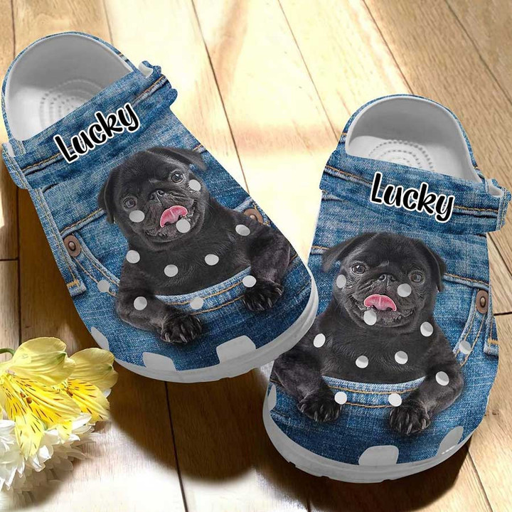 Personalized Black Pug in Pocket Crocs Clog Shoes for Dog Mom, Dog Dad